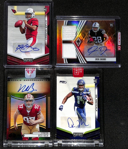 Lot of (4) 2019 Football Rookie Autographs- Playoff Kyler Murray, Phoenix Josh Jacobs Patch (#/49), Illusions Nick Bosa (#/99), Playoff DK Metcalf